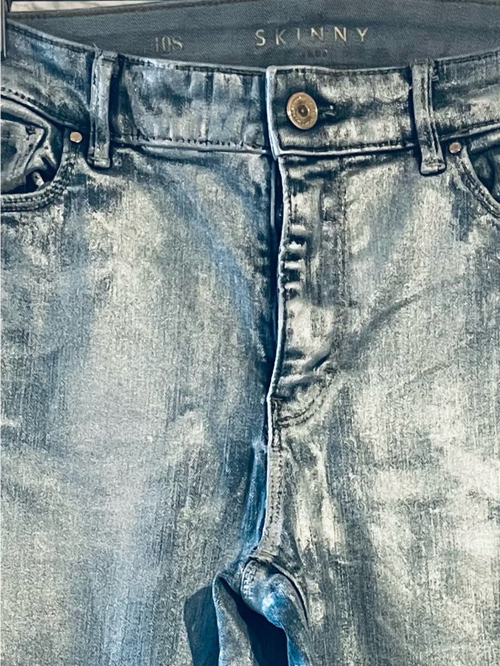 White House Black Market Blue Denim Silver Metallic Coated Jeans Size 10S